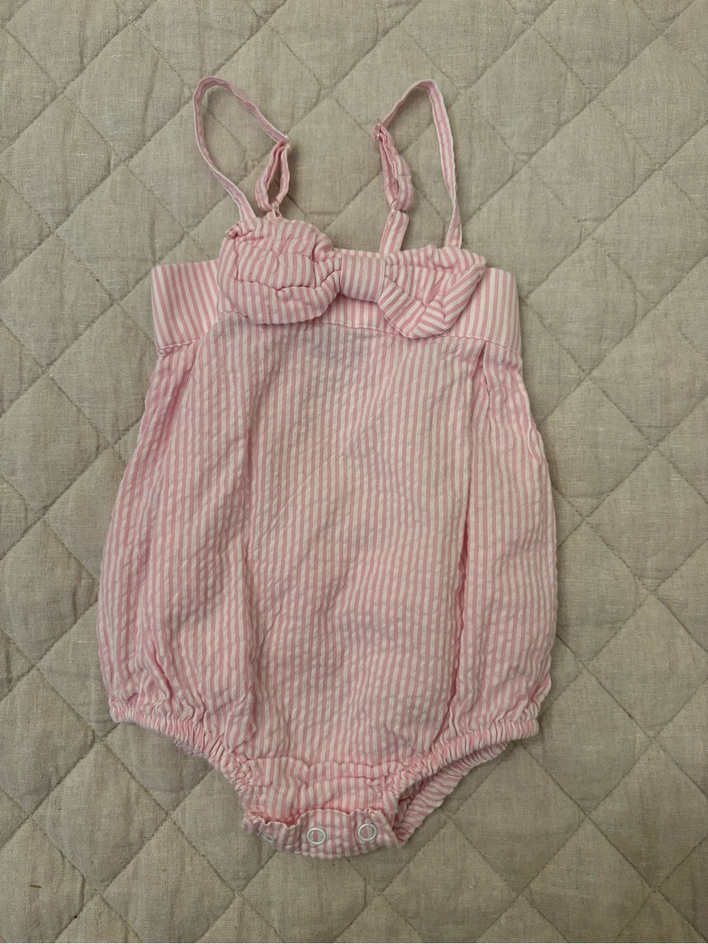 Ruffle Butts Pink and White Striped Baby Bubble Romper with Bow